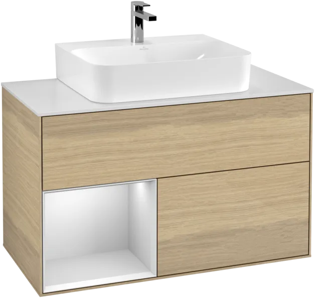 Bild von VILLEROY BOCH Finion Waschbeckenunterschrank, mit Beleuchtung, 2 Auszüge, 1000 x 603 x 501 mm, Oak Veneer / White Matt Lacquer / Glass White Matt #F111MTPC