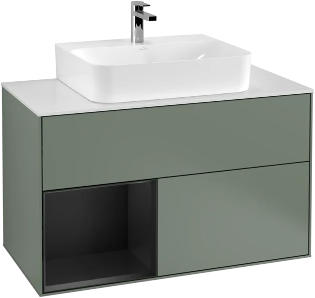 Bild von VILLEROY BOCH Finion Waschbeckenunterschrank, mit Beleuchtung, 2 Auszüge, 1000 x 603 x 501 mm, Olive Matt Lacquer / Black Matt Lacquer / Glass White Matt #F111PDGM