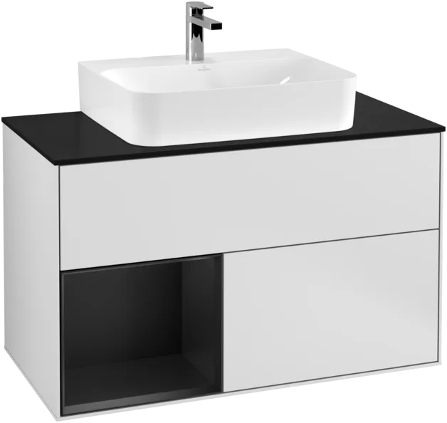 Obrázek VILLEROY BOCH Toaletní skříňka Finion, s osvětlením, 2 výsuvy, 1000 x 603 x 501 mm, bílý matný lak / černý matný lak / černé matné sklo #F112PDMT