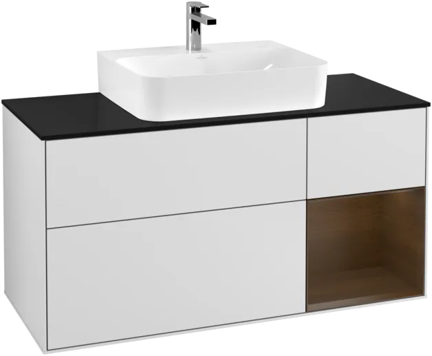 Bild von VILLEROY BOCH Finion Waschbeckenunterschrank, mit Beleuchtung, 3 Auszüge, 1200 x 603 x 501 mm, White Matt Lacquer / Walnut Veneer / Glass Black Matt #F172GNMT