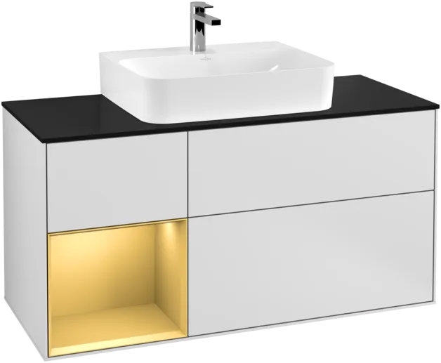 Bild von VILLEROY BOCH Finion Waschbeckenunterschrank, mit Beleuchtung, 3 Auszüge, 1200 x 603 x 501 mm, White Matt Lacquer / Gold Matt Lacquer / Glass Black Matt #F162HFMT