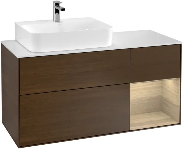 Bild von VILLEROY BOCH Finion Waschbeckenunterschrank, mit Beleuchtung, 3 Auszüge, 1200 x 603 x 501 mm, Walnut Veneer / Oak Veneer / Glass White Matt #F151PCGN