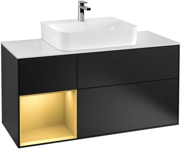 Bild von VILLEROY BOCH Finion Waschbeckenunterschrank, mit Beleuchtung, 3 Auszüge, 1200 x 603 x 501 mm, Black Matt Lacquer / Gold Matt Lacquer / Glass White Matt #F161HFPD