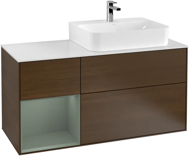 Bild von VILLEROY BOCH Finion Waschbeckenunterschrank, mit Beleuchtung, 3 Auszüge, 1200 x 603 x 501 mm, Walnut Veneer / Olive Matt Lacquer / Glass White Matt #F141GMGN