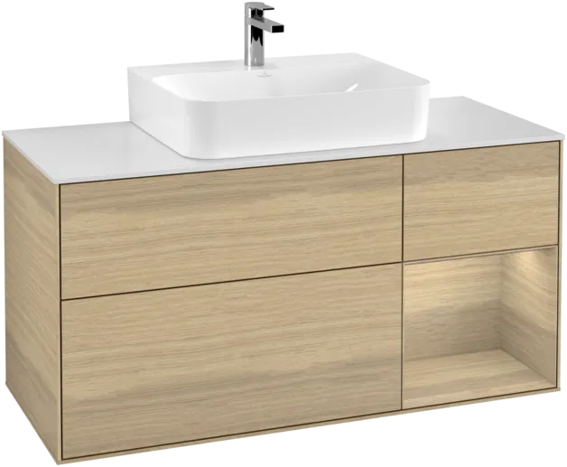 Bild von VILLEROY BOCH Finion Waschbeckenunterschrank, mit Beleuchtung, 3 Auszüge, 1200 x 603 x 501 mm, Oak Veneer / Oak Veneer / Glass White Matt #F171PCPC