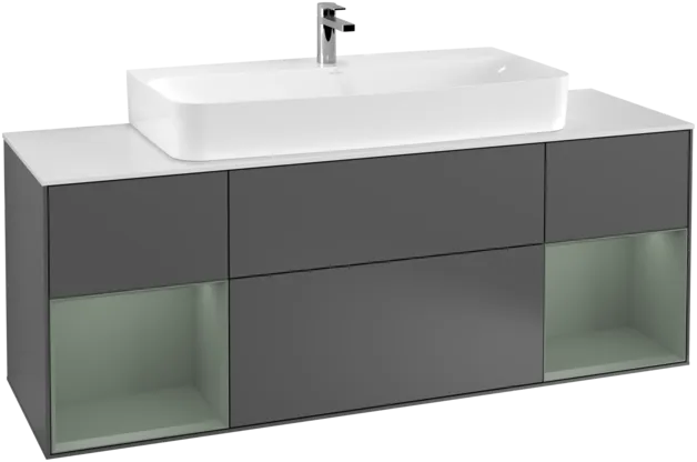 Bild von VILLEROY BOCH Finion Waschbeckenunterschrank, mit Beleuchtung, 4 Auszüge, 1600 x 603 x 501 mm, Anthracite Matt Lacquer / Olive Matt Lacquer / Glass White Matt #F211GMGK