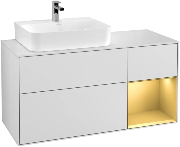 Bild von VILLEROY BOCH Finion Waschbeckenunterschrank, mit Beleuchtung, 3 Auszüge, 1200 x 603 x 501 mm, White Matt Lacquer / Gold Matt Lacquer / Glass White Matt #F151HFMT