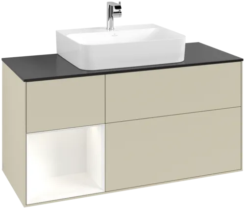 Bild von VILLEROY BOCH Finion Waschbeckenunterschrank, mit Beleuchtung, 3 Auszüge, 1200 x 603 x 501 mm, Silk Grey Matt Lacquer / White Matt Lacquer / Glass Black Matt #F162MTHJ