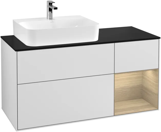 Bild von VILLEROY BOCH Finion Waschbeckenunterschrank, mit Beleuchtung, 3 Auszüge, 1200 x 603 x 501 mm, White Matt Lacquer / Oak Veneer / Glass Black Matt #F152PCMT