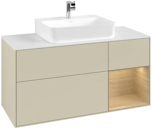 Obrázek VILLEROY BOCH Toaletní skříňka Finion, s osvětlením, 3 výsuvy, 1200 x 603 x 501 mm, hedvábně šedý matný lak / dubová dýha / bílé matné sklo #F171PCHJ