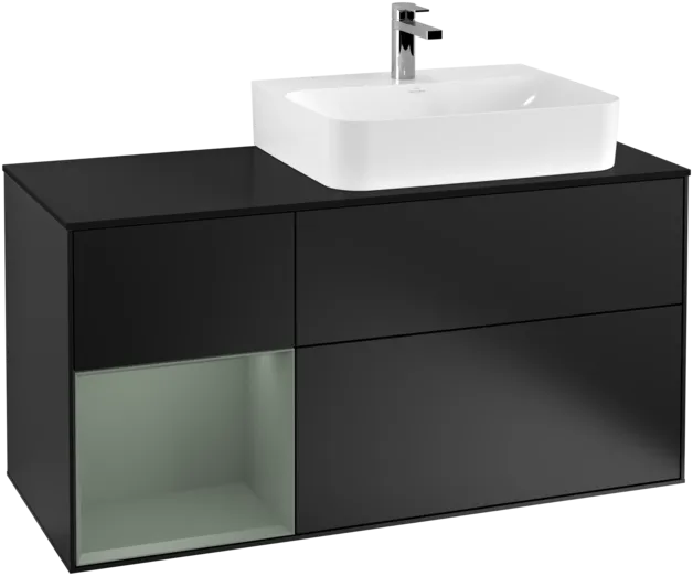 Bild von VILLEROY BOCH Finion Waschbeckenunterschrank, mit Beleuchtung, 3 Auszüge, 1200 x 603 x 501 mm, Black Matt Lacquer / Olive Matt Lacquer / Glass Black Matt #F142GMPD