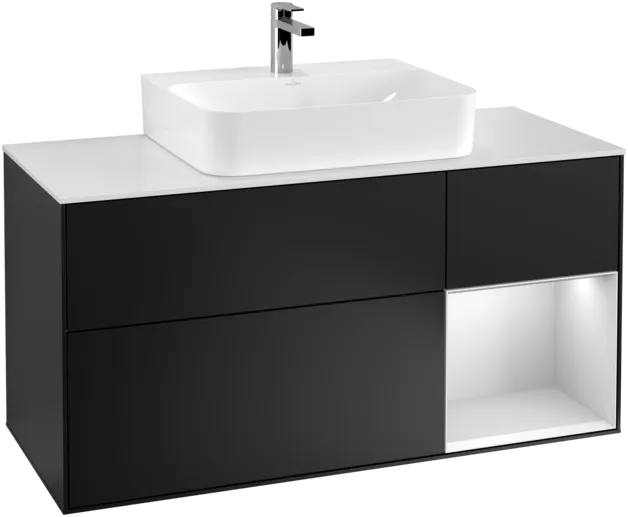 Bild von VILLEROY BOCH Finion Waschbeckenunterschrank, mit Beleuchtung, 3 Auszüge, 1200 x 603 x 501 mm, Black Matt Lacquer / White Matt Lacquer / Glass White Matt #F171MTPD