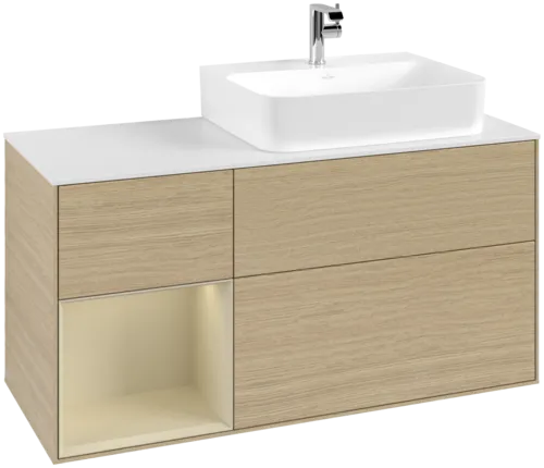 Bild von VILLEROY BOCH Finion Waschbeckenunterschrank, mit Beleuchtung, 3 Auszüge, 1200 x 603 x 501 mm, Oak Veneer / Silk Grey Matt Lacquer / Glass White Matt #F141HJPC