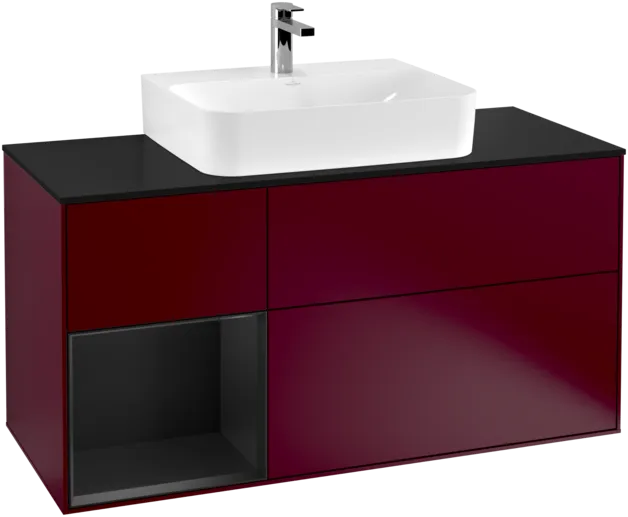 Bild von VILLEROY BOCH Finion Waschbeckenunterschrank, mit Beleuchtung, 3 Auszüge, 1200 x 603 x 501 mm, Peony Matt Lacquer / Black Matt Lacquer / Glass Black Matt #F162PDHB