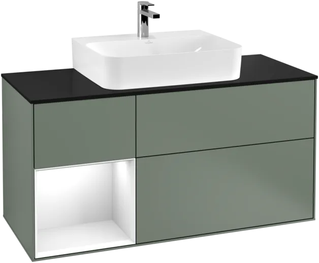 Obrázek VILLEROY BOCH Toaletní skříňka Finion, s osvětlením, 3 výsuvy, 1200 x 603 x 501 mm, olivový matný lak / lesklý bílý lak / sklo černé matné #F162GFGM