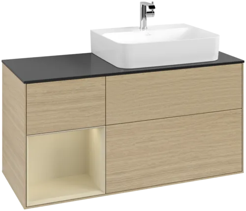 Bild von VILLEROY BOCH Finion Waschbeckenunterschrank, mit Beleuchtung, 3 Auszüge, 1200 x 603 x 501 mm, Oak Veneer / Silk Grey Matt Lacquer / Glass Black Matt #F142HJPC