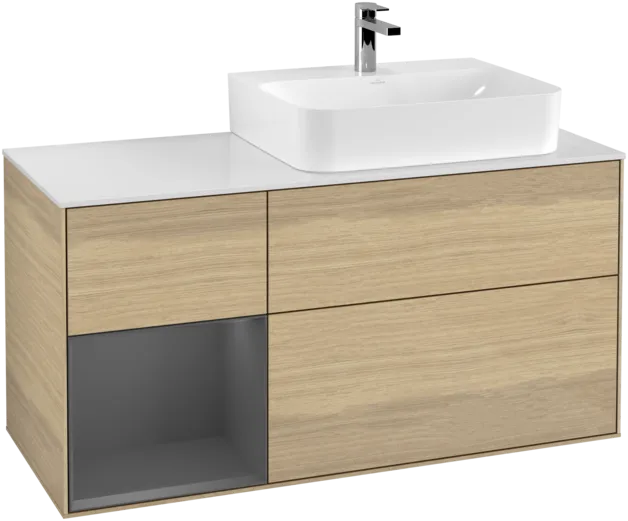 Bild von VILLEROY BOCH Finion Waschbeckenunterschrank, mit Beleuchtung, 3 Auszüge, 1200 x 603 x 501 mm, Oak Veneer / Anthracite Matt Lacquer / Glass White Matt #F141GKPC