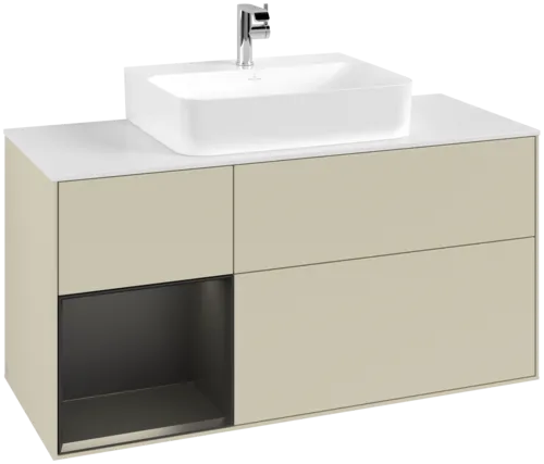 Bild von VILLEROY BOCH Finion Waschbeckenunterschrank, mit Beleuchtung, 3 Auszüge, 1200 x 603 x 501 mm, Silk Grey Matt Lacquer / Black Matt Lacquer / Glass White Matt #F161PDHJ