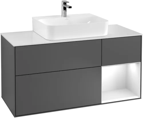Bild von VILLEROY BOCH Finion Waschbeckenunterschrank, mit Beleuchtung, 3 Auszüge, 1200 x 603 x 501 mm, Anthracite Matt Lacquer / White Matt Lacquer / Glass White Matt #G171MTGK