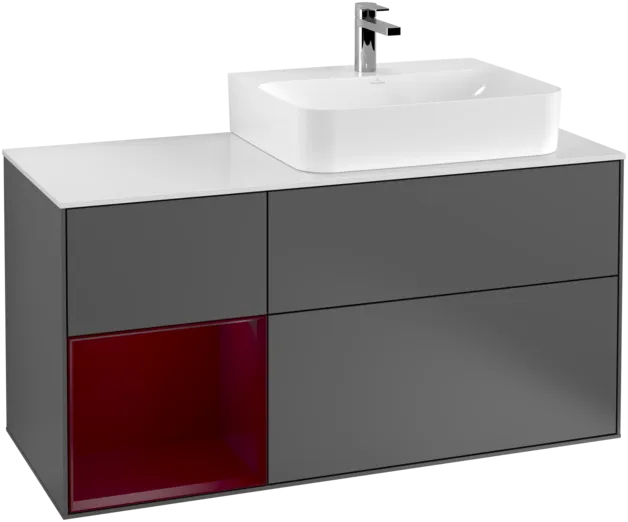 Bild von VILLEROY BOCH Finion Waschbeckenunterschrank, mit Beleuchtung, 3 Auszüge, 1200 x 603 x 501 mm, Anthracite Matt Lacquer / Peony Matt Lacquer / Glass White Matt #F141HBGK