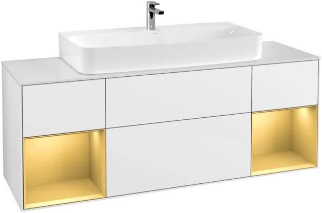 Bild von VILLEROY BOCH Finion Waschbeckenunterschrank, mit Beleuchtung, 4 Auszüge, 1600 x 603 x 501 mm, Glossy White Lacquer / Gold Matt Lacquer / Glass White Matt #F211HFGF