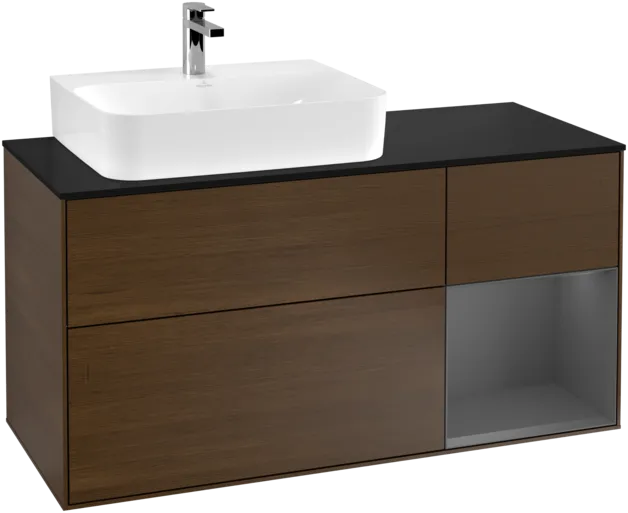 Bild von VILLEROY BOCH Finion Waschbeckenunterschrank, mit Beleuchtung, 3 Auszüge, 1200 x 603 x 501 mm, Walnut Veneer / Anthracite Matt Lacquer / Glass Black Matt #F152GKGN