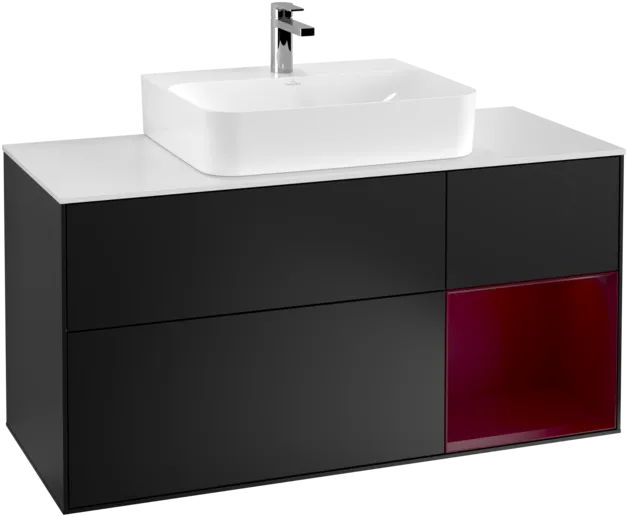 Bild von VILLEROY BOCH Finion Waschbeckenunterschrank, mit Beleuchtung, 3 Auszüge, 1200 x 603 x 501 mm, Black Matt Lacquer / Peony Matt Lacquer / Glass White Matt #F171HBPD