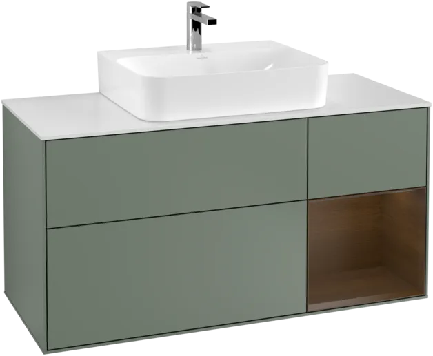 Bild von VILLEROY BOCH Finion Waschbeckenunterschrank, mit Beleuchtung, 3 Auszüge, 1200 x 603 x 501 mm, Olive Matt Lacquer / Walnut Veneer / Glass White Matt #F171GNGM