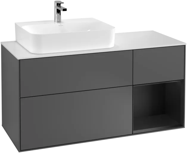Obrázek VILLEROY BOCH Toaletní skříňka Finion, s osvětlením, 3 výsuvy, 1200 x 603 x 501 mm, antracitový matný lak / černý matný lak / bílé matné sklo #F151PDGK