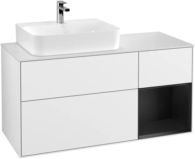 Bild von VILLEROY BOCH Finion Waschbeckenunterschrank, mit Beleuchtung, 3 Auszüge, 1200 x 603 x 501 mm, Glossy White Lacquer / Black Matt Lacquer / Glass White Matt #F151PDGF
