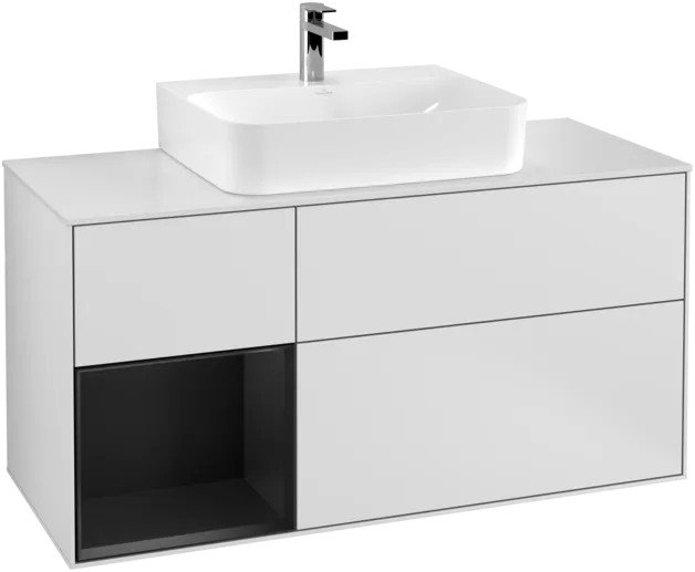 Bild von VILLEROY BOCH Finion Waschbeckenunterschrank, mit Beleuchtung, 3 Auszüge, 1200 x 603 x 501 mm, White Matt Lacquer / Black Matt Lacquer / Glass White Matt #F161PDMT