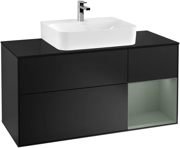 Bild von VILLEROY BOCH Finion Waschbeckenunterschrank, mit Beleuchtung, 3 Auszüge, 1200 x 603 x 501 mm, Black Matt Lacquer / Olive Matt Lacquer / Glass Black Matt #F172GMPD