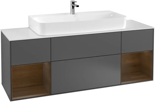 Bild von VILLEROY BOCH Finion Waschbeckenunterschrank, mit Beleuchtung, 4 Auszüge, 1600 x 603 x 501 mm, Anthracite Matt Lacquer / Walnut Veneer / Glass White Matt #F211GNGK