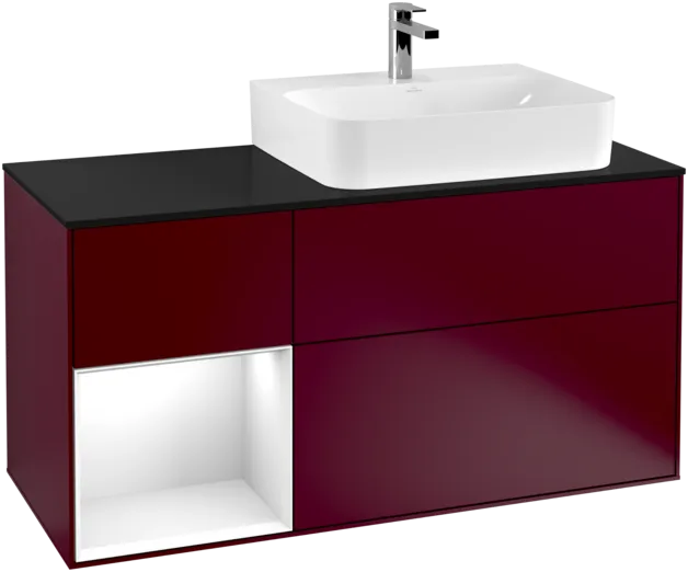 Bild von VILLEROY BOCH Finion Waschbeckenunterschrank, mit Beleuchtung, 3 Auszüge, 1200 x 603 x 501 mm, Peony Matt Lacquer / Glossy White Lacquer / Glass Black Matt #F142GFHB