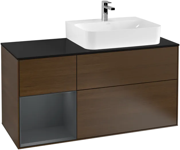 Bild von VILLEROY BOCH Finion Waschbeckenunterschrank, mit Beleuchtung, 3 Auszüge, 1200 x 603 x 501 mm, Walnut Veneer / Midnight Blue Matt Lacquer / Glass Black Matt #F142HGGN