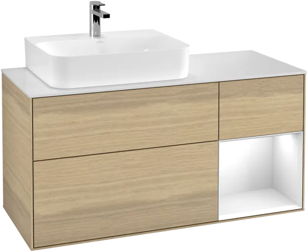 Bild von VILLEROY BOCH Finion Waschbeckenunterschrank, mit Beleuchtung, 3 Auszüge, 1200 x 603 x 501 mm, Oak Veneer / Glossy White Lacquer / Glass White Matt #F151GFPC
