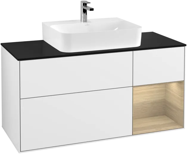 Bild von VILLEROY BOCH Finion Waschbeckenunterschrank, mit Beleuchtung, 3 Auszüge, 1200 x 603 x 501 mm, Glossy White Lacquer / Oak Veneer / Glass Black Matt #F172PCGF