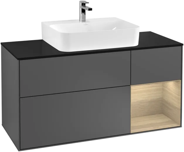 Bild von VILLEROY BOCH Finion Waschbeckenunterschrank, mit Beleuchtung, 3 Auszüge, 1200 x 603 x 501 mm, Anthracite Matt Lacquer / Oak Veneer / Glass Black Matt #F172PCGK