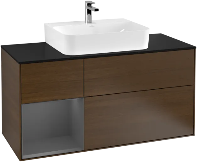 Bild von VILLEROY BOCH Finion Waschbeckenunterschrank, mit Beleuchtung, 3 Auszüge, 1200 x 603 x 501 mm, Walnut Veneer / Anthracite Matt Lacquer / Glass Black Matt #F162GKGN