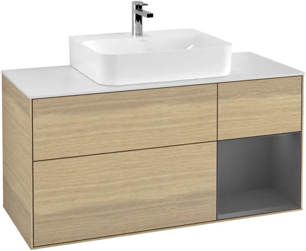 Bild von VILLEROY BOCH Finion Waschbeckenunterschrank, mit Beleuchtung, 3 Auszüge, 1200 x 603 x 501 mm, Oak Veneer / Anthracite Matt Lacquer / Glass White Matt #F171GKPC