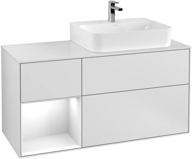 Bild von VILLEROY BOCH Finion Waschbeckenunterschrank, mit Beleuchtung, 3 Auszüge, 1200 x 603 x 501 mm, White Matt Lacquer / Glossy White Lacquer / Glass White Matt #F141GFMT