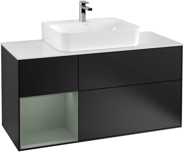 Obrázek VILLEROY BOCH Toaletní skříňka Finion, s osvětlením, 3 výsuvy, 1200 x 603 x 501 mm, černý matný lak / olivový matný lak / bílé matné sklo #F161GMPD