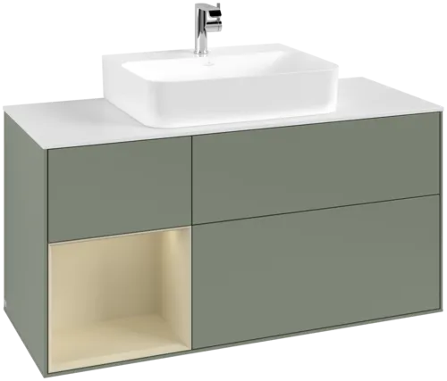 Bild von VILLEROY BOCH Finion Waschbeckenunterschrank, mit Beleuchtung, 3 Auszüge, 1200 x 603 x 501 mm, Olive Matt Lacquer / Silk Grey Matt Lacquer / Glass White Matt #F161HJGM