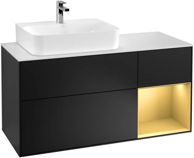 Bild von VILLEROY BOCH Finion Waschbeckenunterschrank, mit Beleuchtung, 3 Auszüge, 1200 x 603 x 501 mm, Black Matt Lacquer / Gold Matt Lacquer / Glass White Matt #F151HFPD