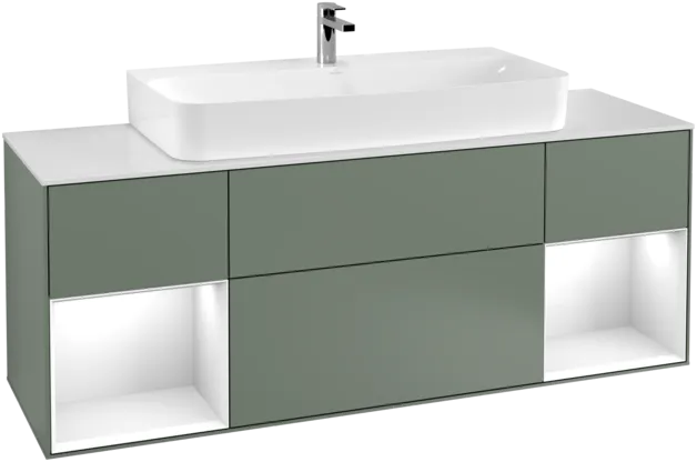 Bild von VILLEROY BOCH Finion Waschbeckenunterschrank, mit Beleuchtung, 4 Auszüge, 1600 x 603 x 501 mm, Olive Matt Lacquer / Glossy White Lacquer / Glass White Matt #F211GFGM
