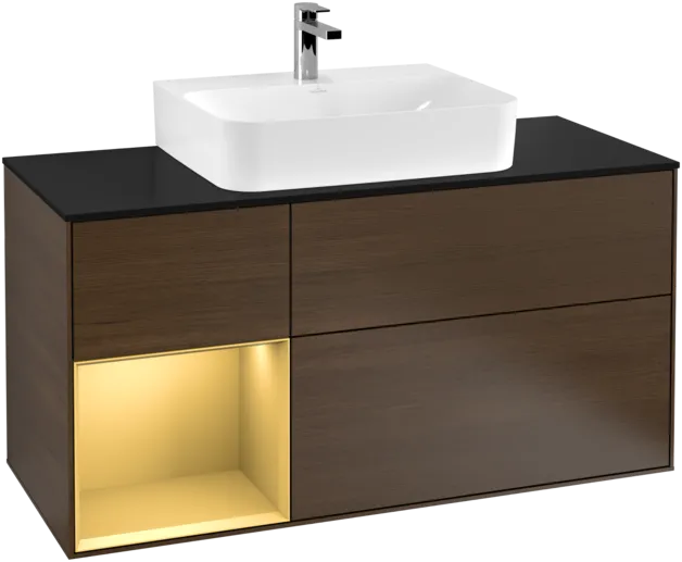 Bild von VILLEROY BOCH Finion Waschbeckenunterschrank, mit Beleuchtung, 3 Auszüge, 1200 x 603 x 501 mm, Walnut Veneer / Gold Matt Lacquer / Glass Black Matt #F162HFGN