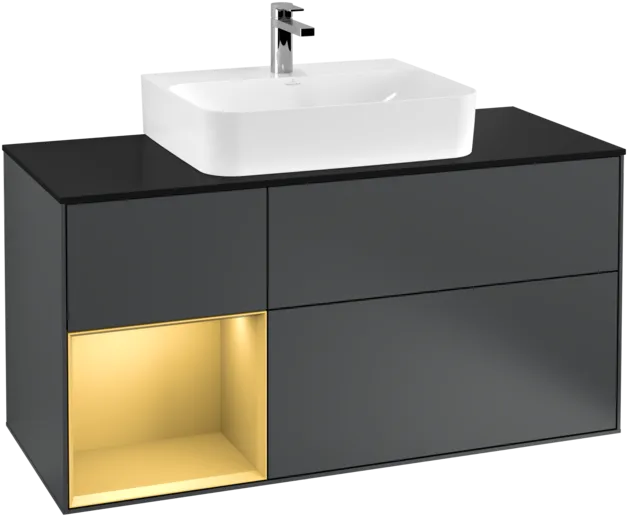 Bild von VILLEROY BOCH Finion Waschbeckenunterschrank, mit Beleuchtung, 3 Auszüge, 1200 x 603 x 501 mm, Midnight Blue Matt Lacquer / Gold Matt Lacquer / Glass Black Matt #F162HFHG
