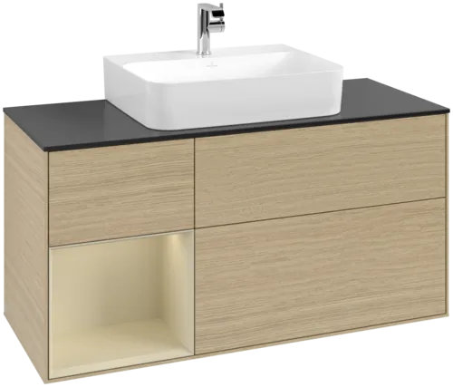 Obrázek VILLEROY BOCH Toaletní skříňka Finion, s osvětlením, 3 výsuvy, 1200 x 603 x 501 mm, dubová dýha / hedvábně šedý matný lak / sklo černé matné #F162HJPC