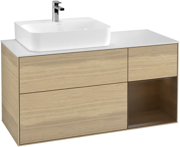 Bild von VILLEROY BOCH Finion Waschbeckenunterschrank, mit Beleuchtung, 3 Auszüge, 1200 x 603 x 501 mm, Oak Veneer / Walnut Veneer / Glass White Matt #F151GNPC