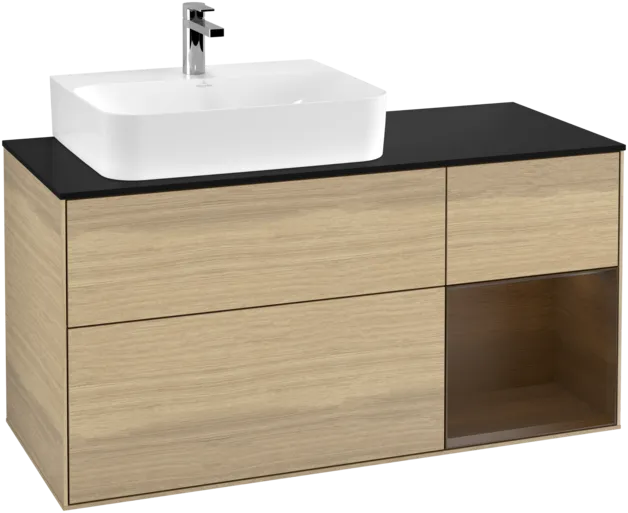 Bild von VILLEROY BOCH Finion Waschbeckenunterschrank, mit Beleuchtung, 3 Auszüge, 1200 x 603 x 501 mm, Oak Veneer / Walnut Veneer / Glass Black Matt #F152GNPC